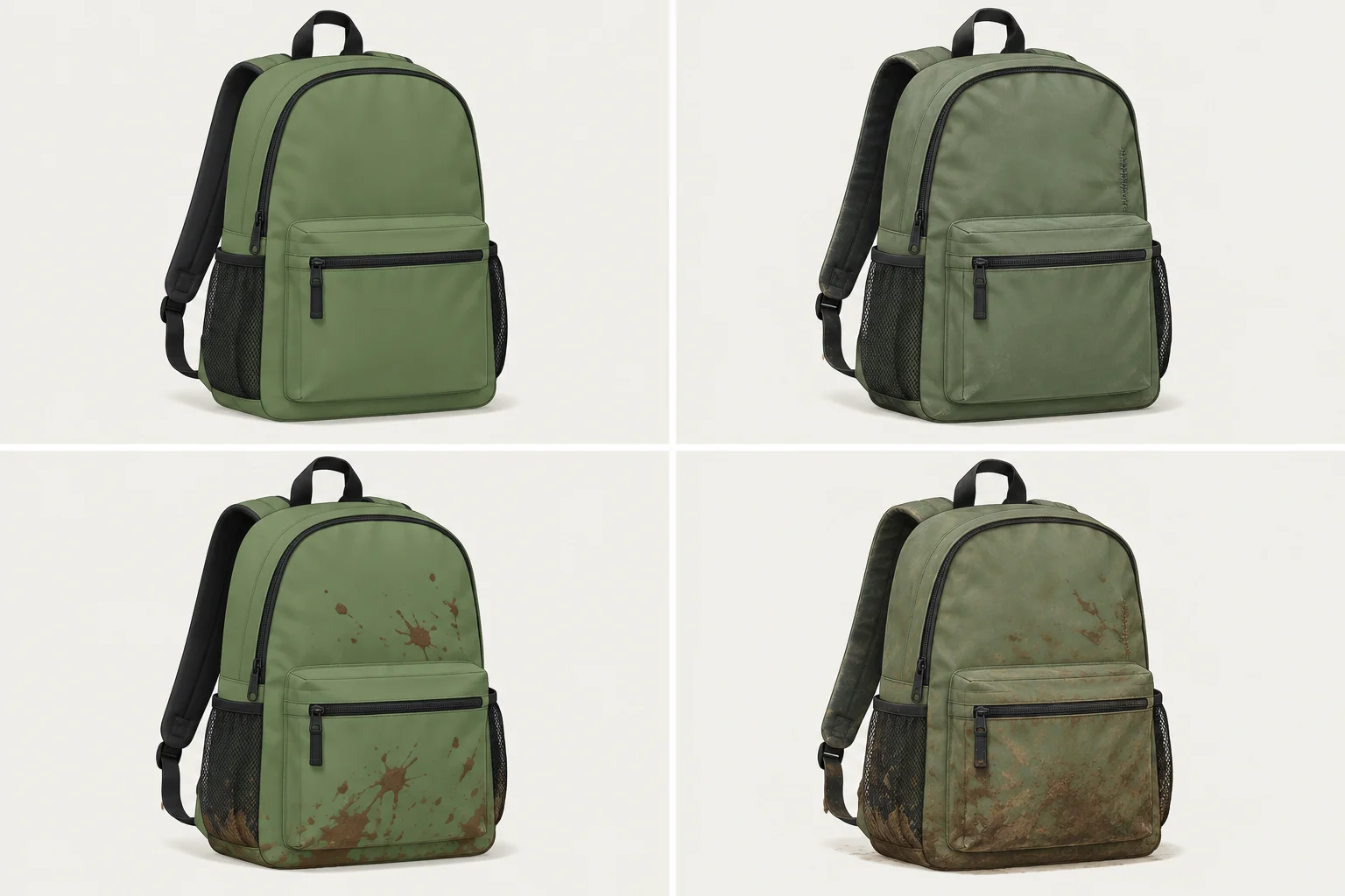 Quatro mochilas mostram combinações diferentes: nova e limpa, antiga e limpa, nova e suja, antiga e suja.
