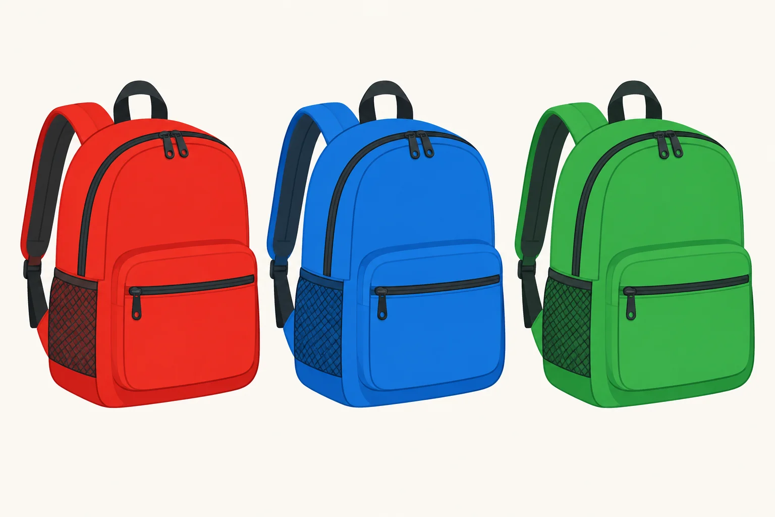 Três mochilas semelhantes: uma vermelha, uma azul e uma verde.