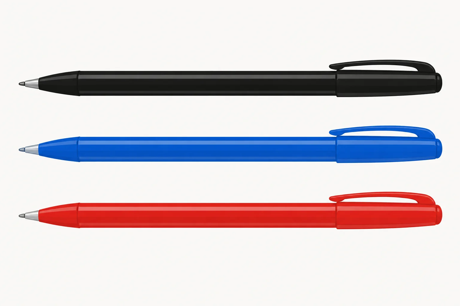 Três canetas do mesmo comprimento, nas cores preta, azul e vermelha.