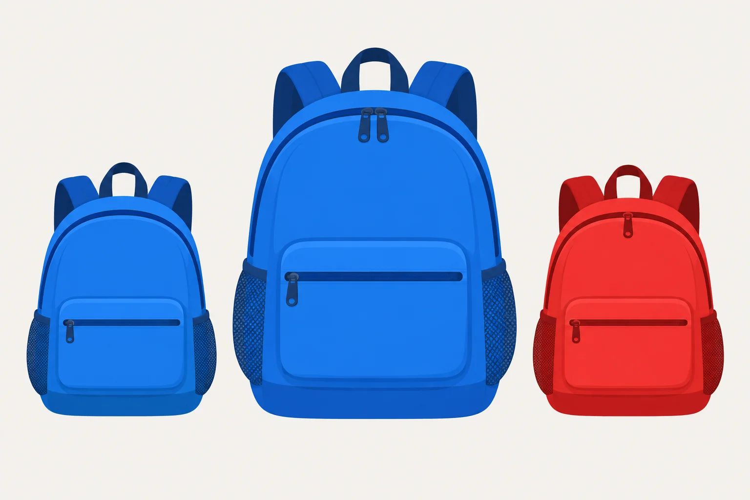 Três mochilas: uma azul pequena, uma azul grande e uma vermelha pequena.