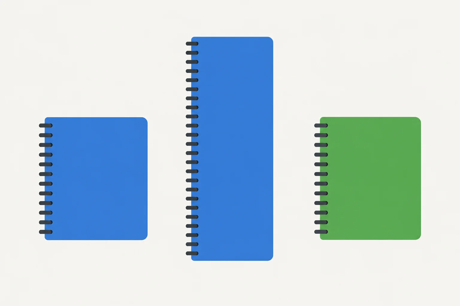 Três cadernos: um azul pequeno, um azul comprido e um verde pequeno.