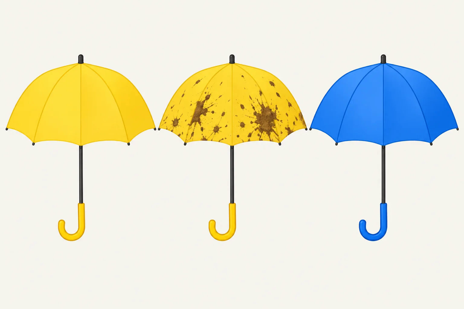 Três guarda-chuvas: um amarelo limpo, um amarelo sujo e um azul limpo.