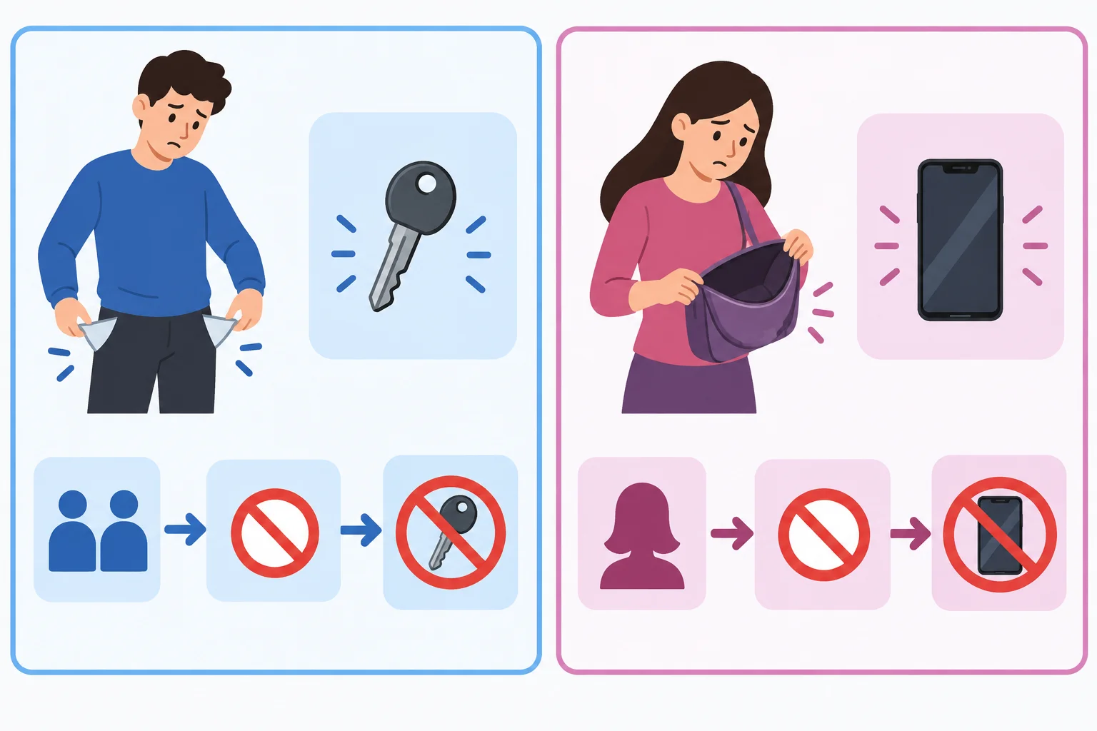 Diagrama em duas partes que contrasta os sujeitos I e they com um grupo, e she com outro, cada um indicando ausência de um objeto.