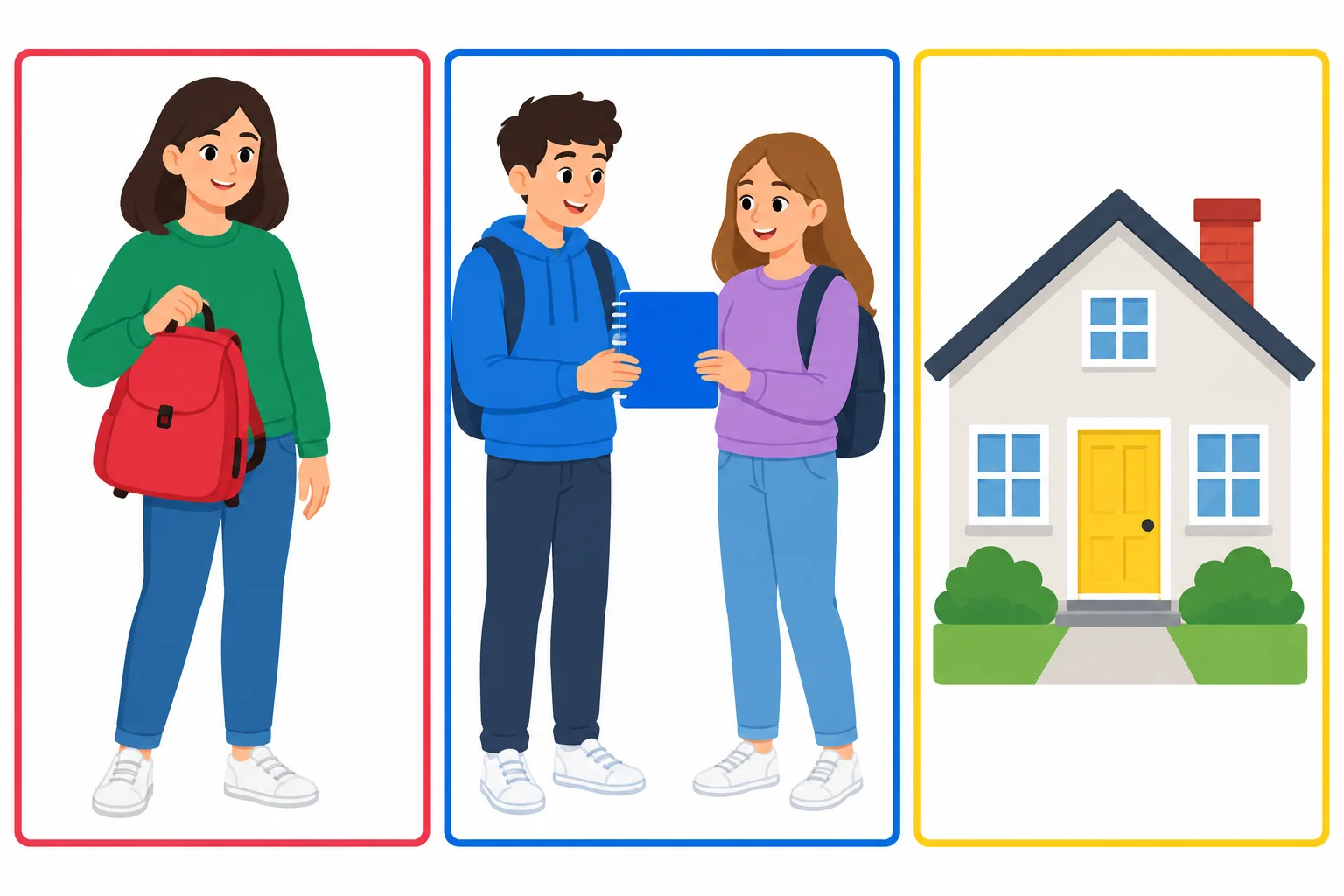 Três exemplos visuais de alguém com uma bolsa, duas pessoas com um caderno e uma casa com uma porta.