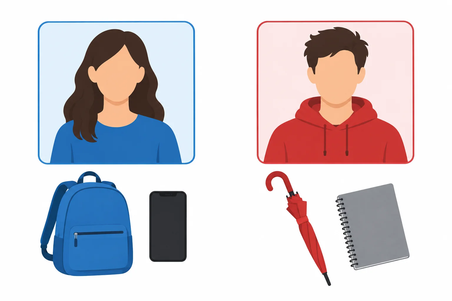 Dois perfis ilustrados: Maya aparece associada a uma bolsa azul e um telefone preto; Leo aparece associado a um guarda-chuva vermelho e um caderno cinza.