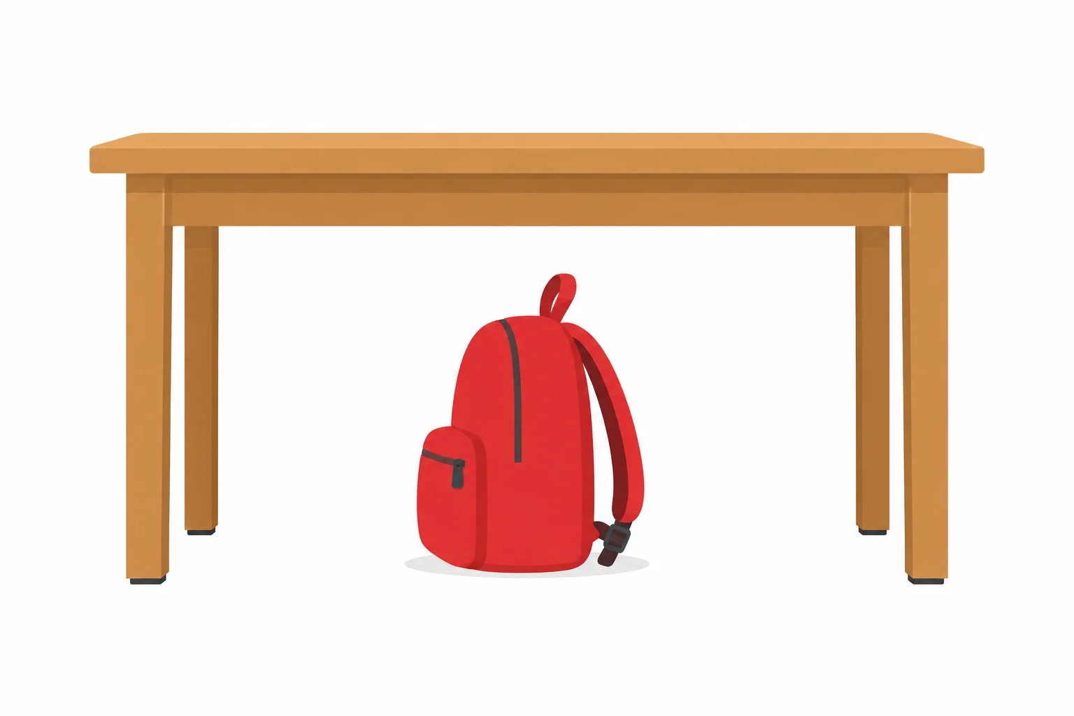 Uma mochila vermelha está no chão, embaixo de uma mesa.