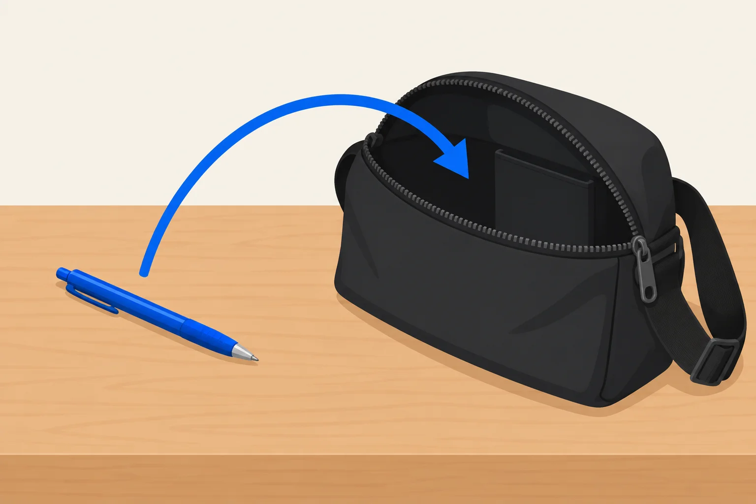 Uma caneta azul deve ser colocada dentro de uma bolsa.