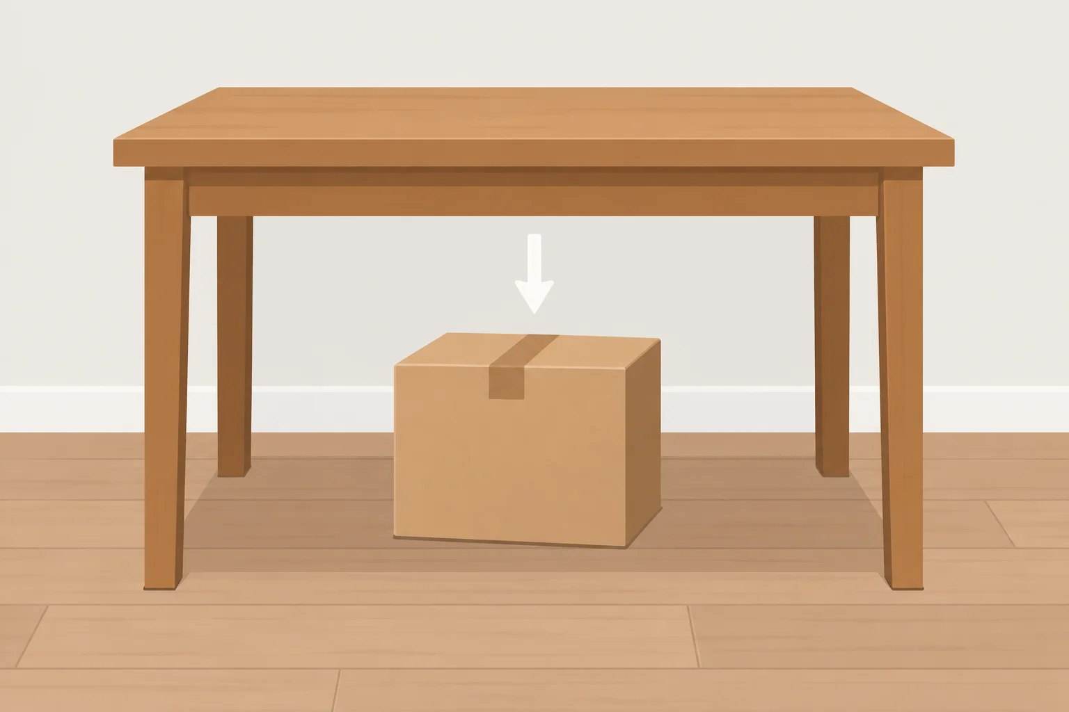 Uma caixa está embaixo de uma mesa.