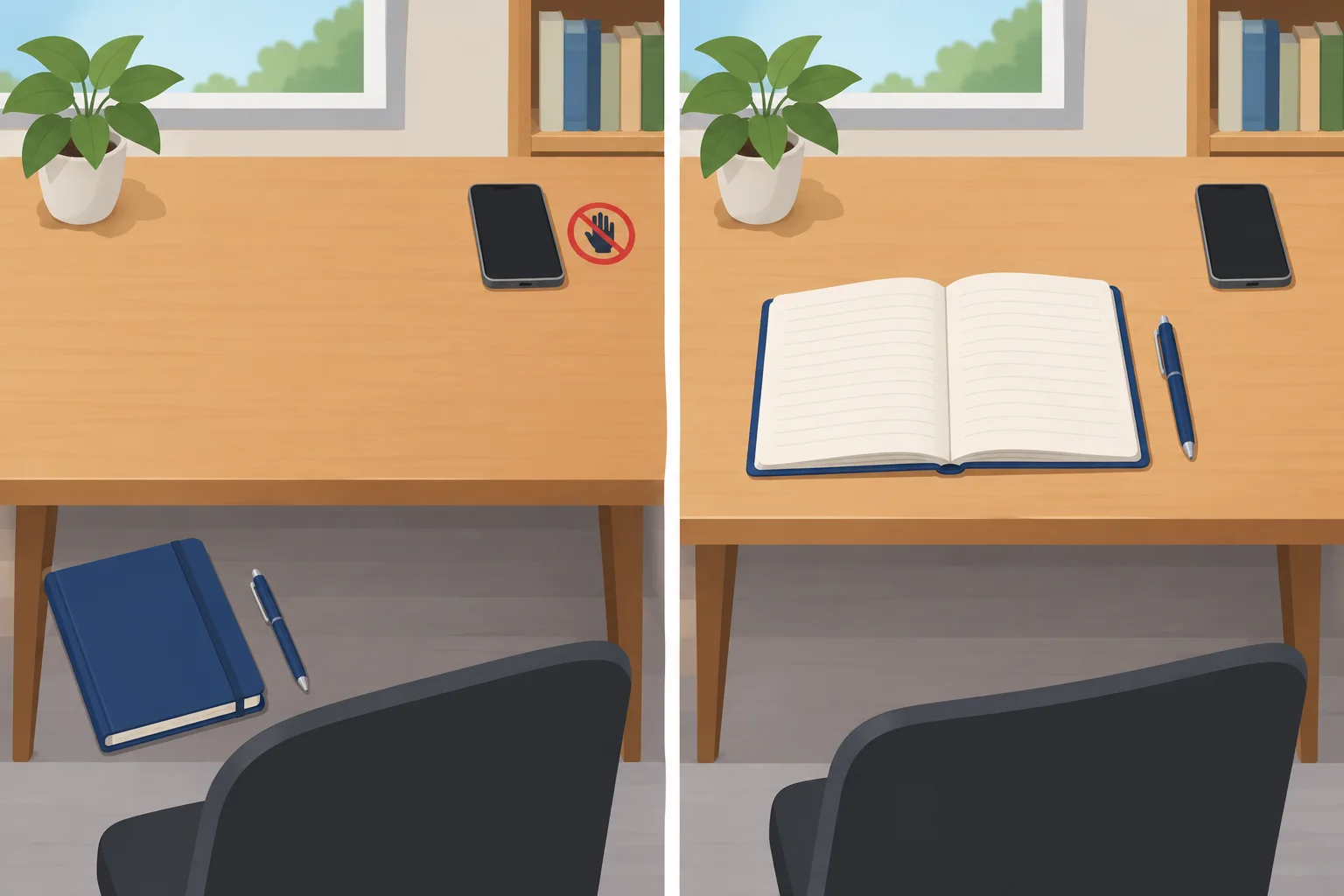 Comparação visual entre uma mesa antes da organização e a mesa pronta para estudar, com o celular intocado.