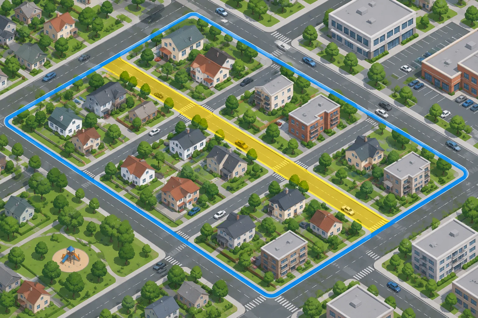 Ilustração de uma área urbana inteira com várias ruas; uma rua específica aparece destacada dentro da área.