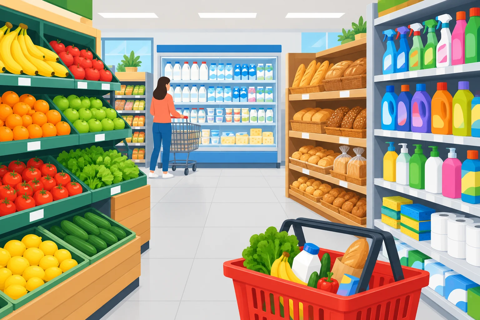 Ilustração de um supermercado com alimentos, produtos de limpeza e uma cesta de compras.