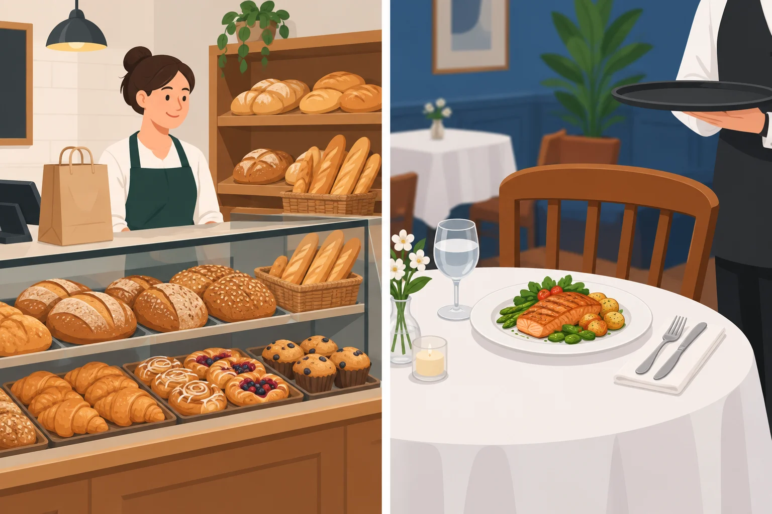 Comparação entre uma padaria com pães e doces e um restaurante com uma refeição servida à mesa.