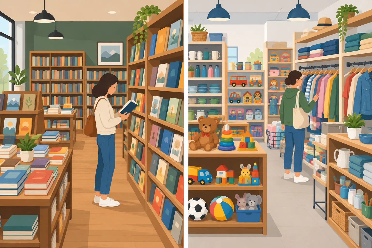 Comparação entre uma livraria com estantes de livros e uma loja geral com produtos variados.
