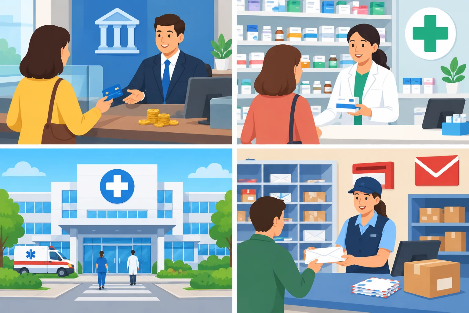 Quatro cenas ilustradas: banco, farmácia, hospital e agência dos correios.