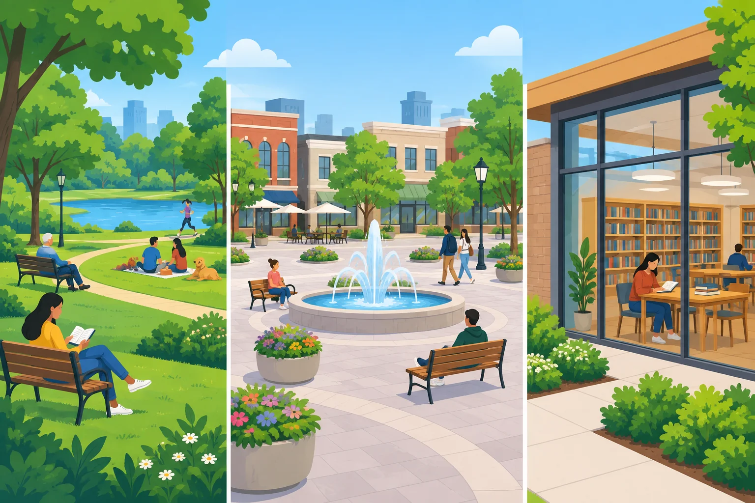 Ilustração com um parque à esquerda, uma praça urbana ao centro e uma biblioteca à direita.