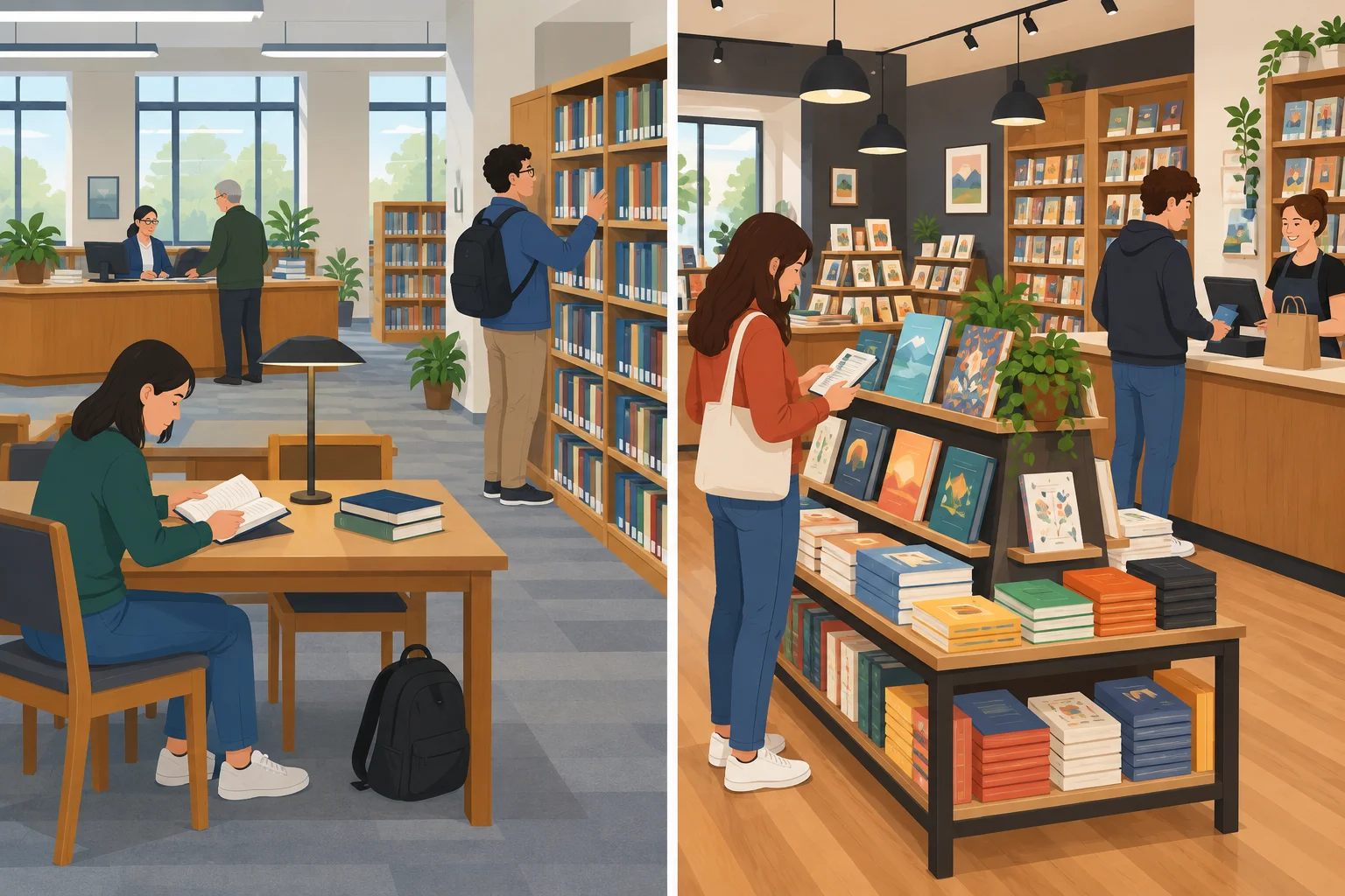 Comparação entre pessoas lendo e consultando livros em uma biblioteca e pessoas escolhendo e pagando livros em uma livraria.