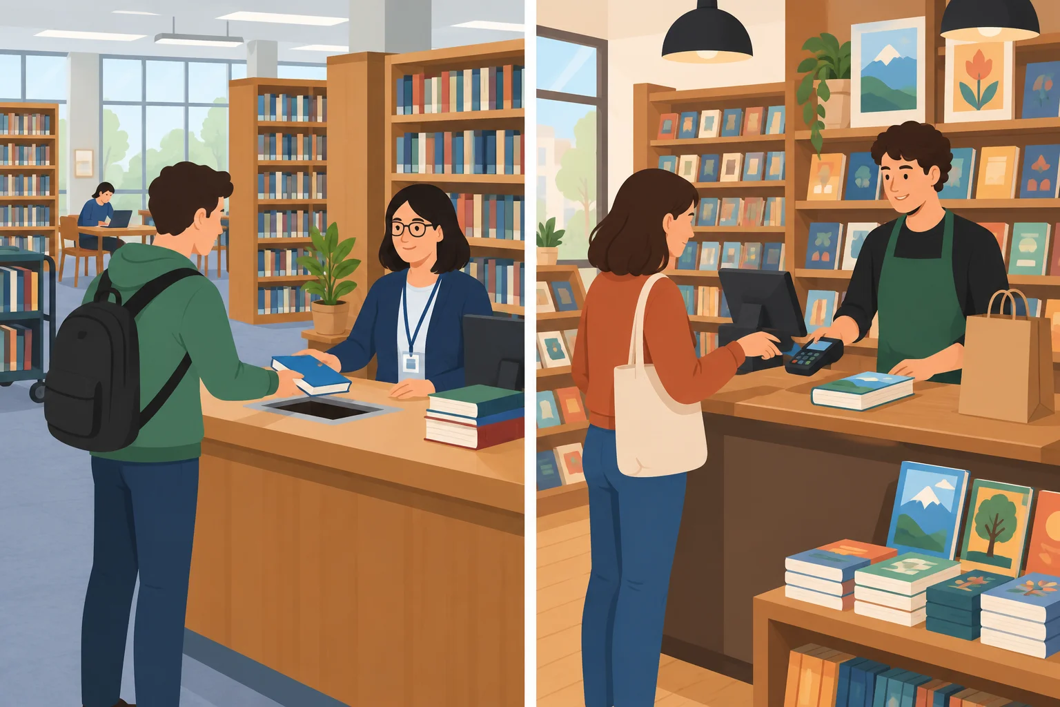 Comparação entre uma biblioteca, onde um livro é emprestado, e uma livraria, onde um livro é comprado.