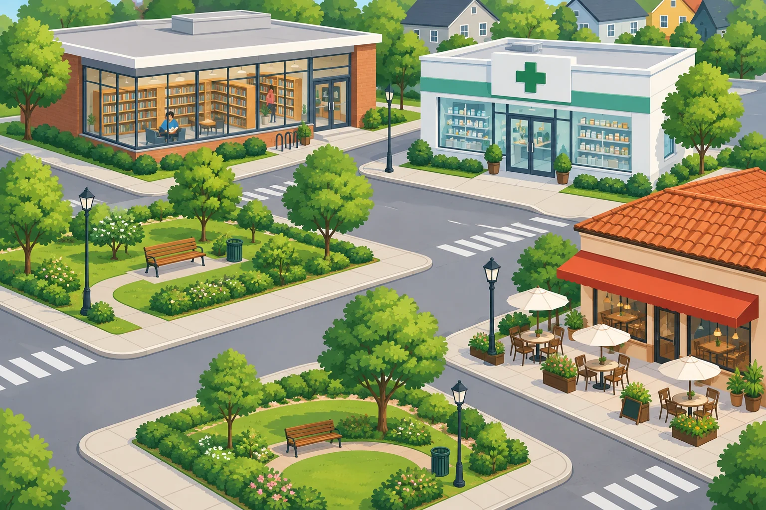 Ilustração de um bairro com uma biblioteca, uma farmácia, dois parques e um restaurante.