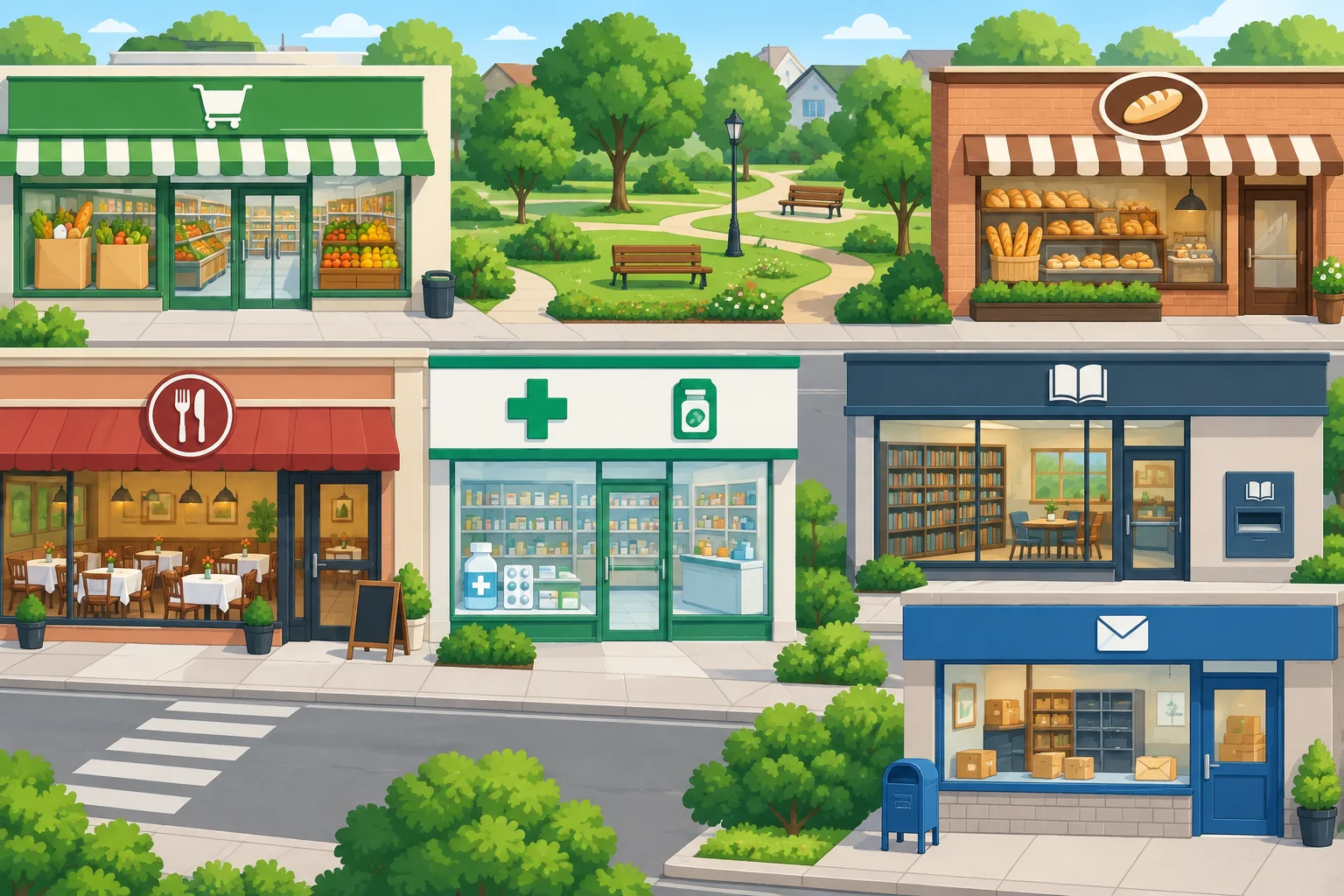 Ilustração de um bairro com supermercado, padaria, restaurante, farmácia, biblioteca, parque e agência dos correios, identificáveis por suas atividades e objetos.