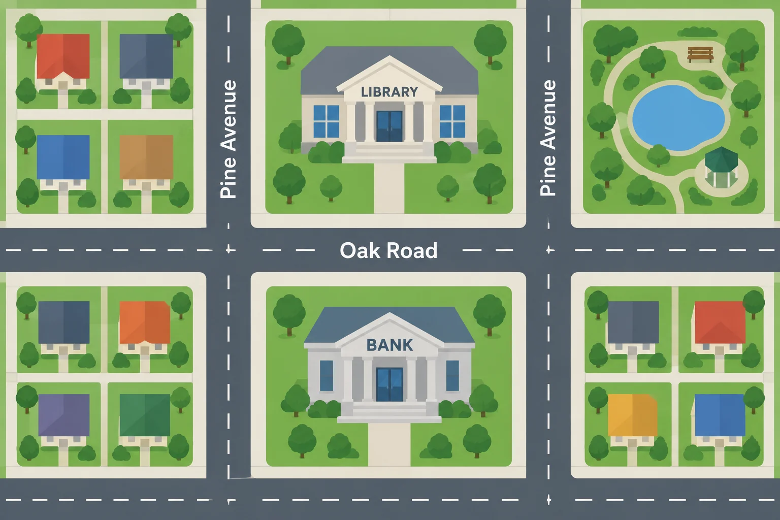 Mapa esquemático com Oak Road, Pine Avenue, quadras e ícones de library, park e bank.