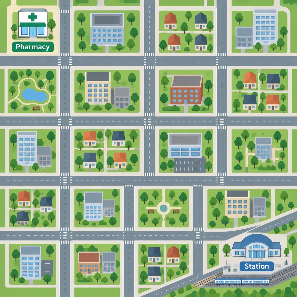 Farmácia e estação distantes no mapa.