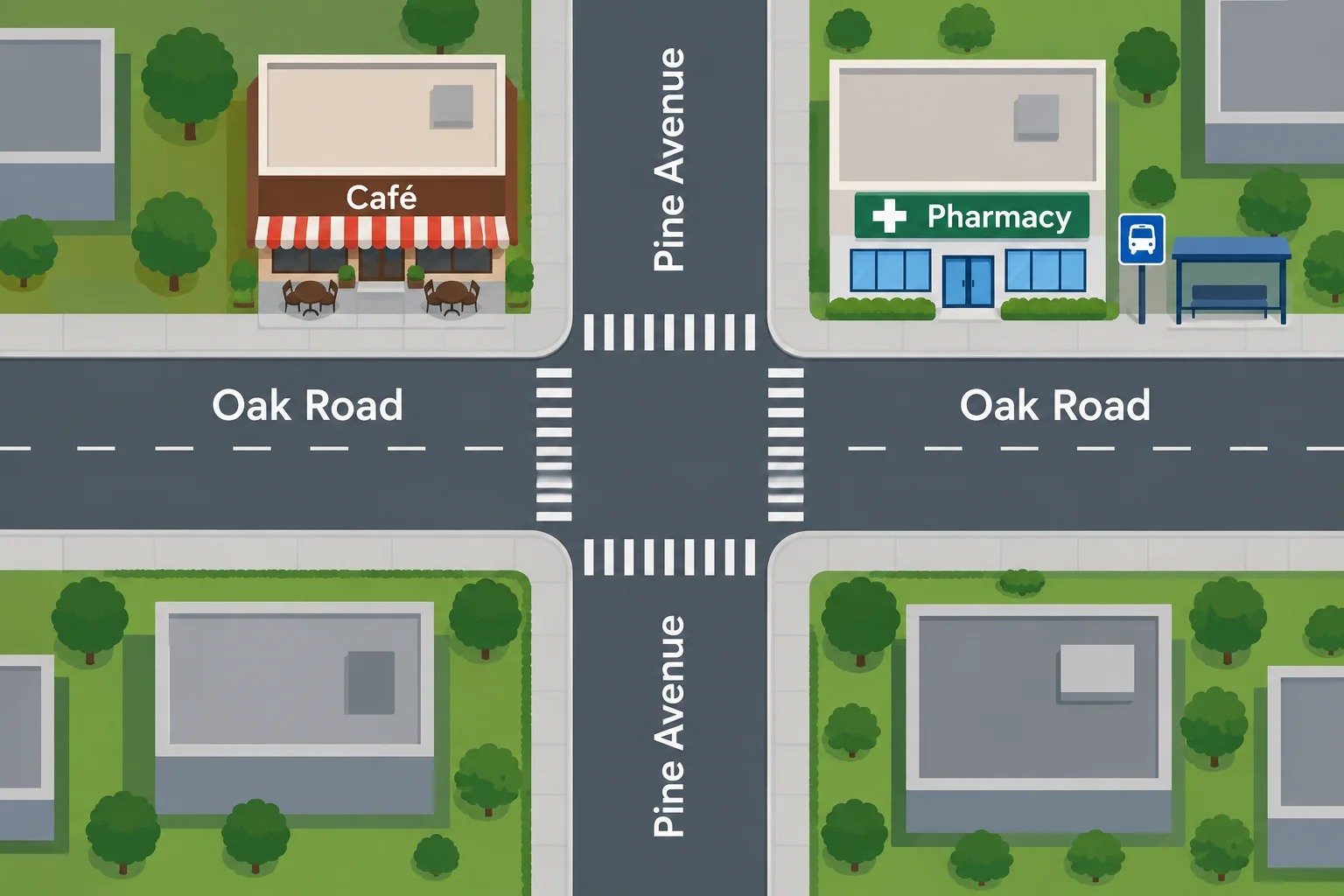 Mapa de um cruzamento entre Oak Road e Pine Avenue, com um café e uma farmácia em esquinas diferentes e um ponto de ônibus perto da farmácia.