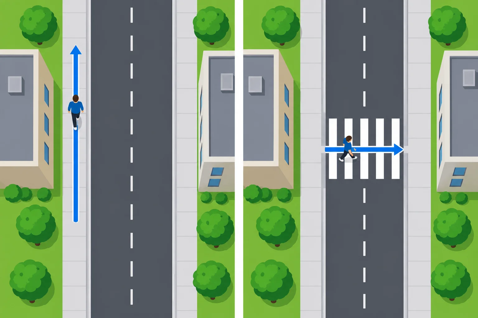 Dois mapas vistos de cima: à esquerda, uma seta segue paralela à rua; à direita, uma seta atravessa a rua de uma calçada à outra.