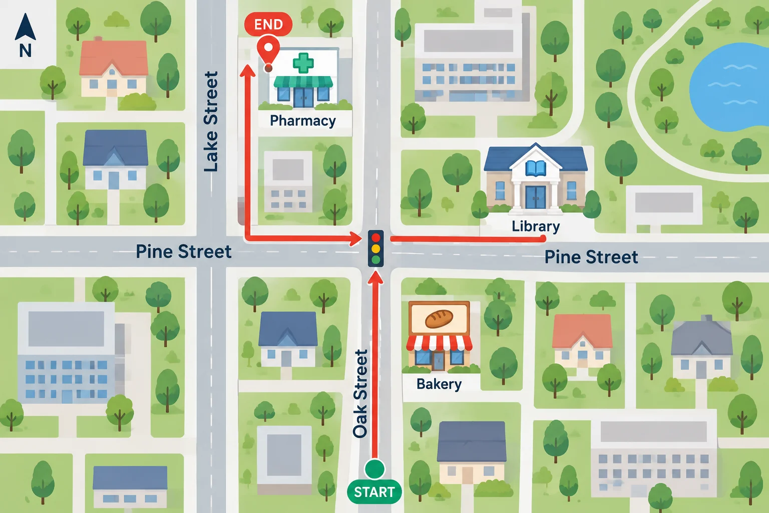 Mapa visto de cima: o percurso sai do sul pela Oak Street, passa pela bakery, vira à direita no semáforo para a Pine Street, vira à esquerda na library e termina na pharmacy, à direita de quem chega.