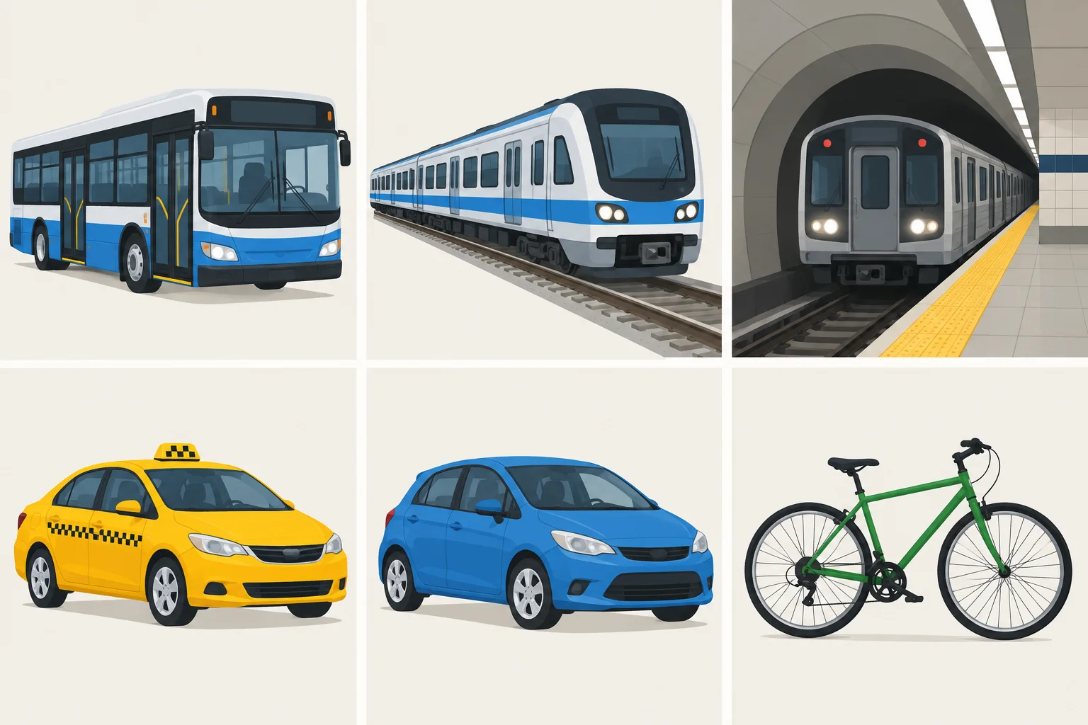 Grade com ônibus, trem, metrô, táxi, carro e bicicleta.