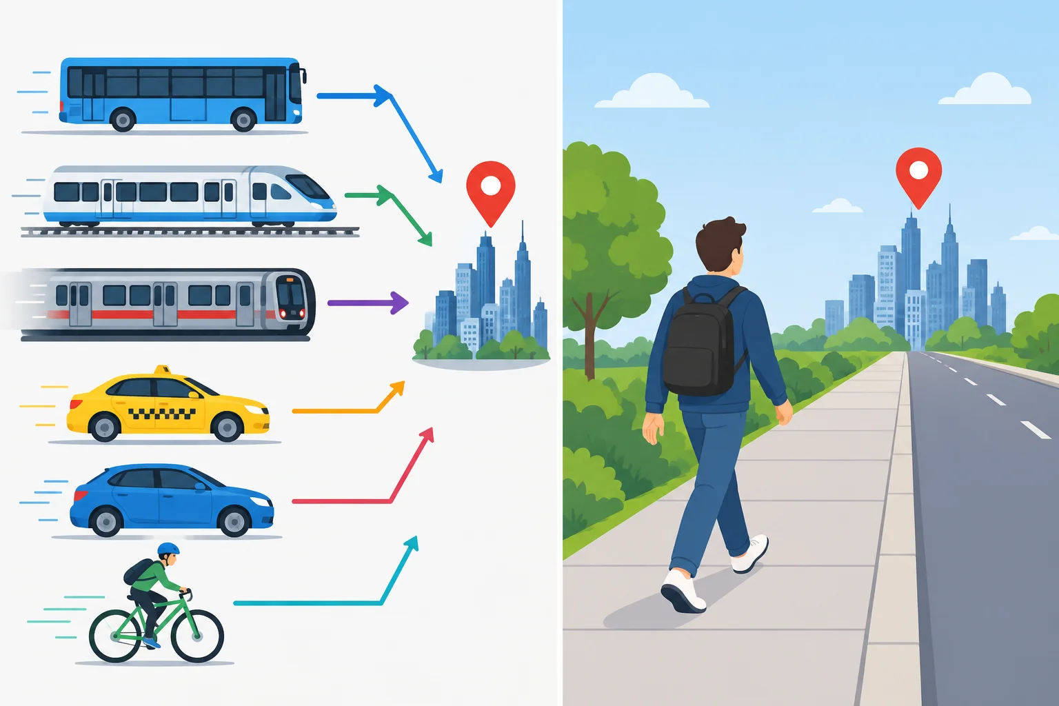 Comparação visual entre ir de ônibus, trem, metrô, táxi, carro ou bicicleta e ir caminhando até um destino.