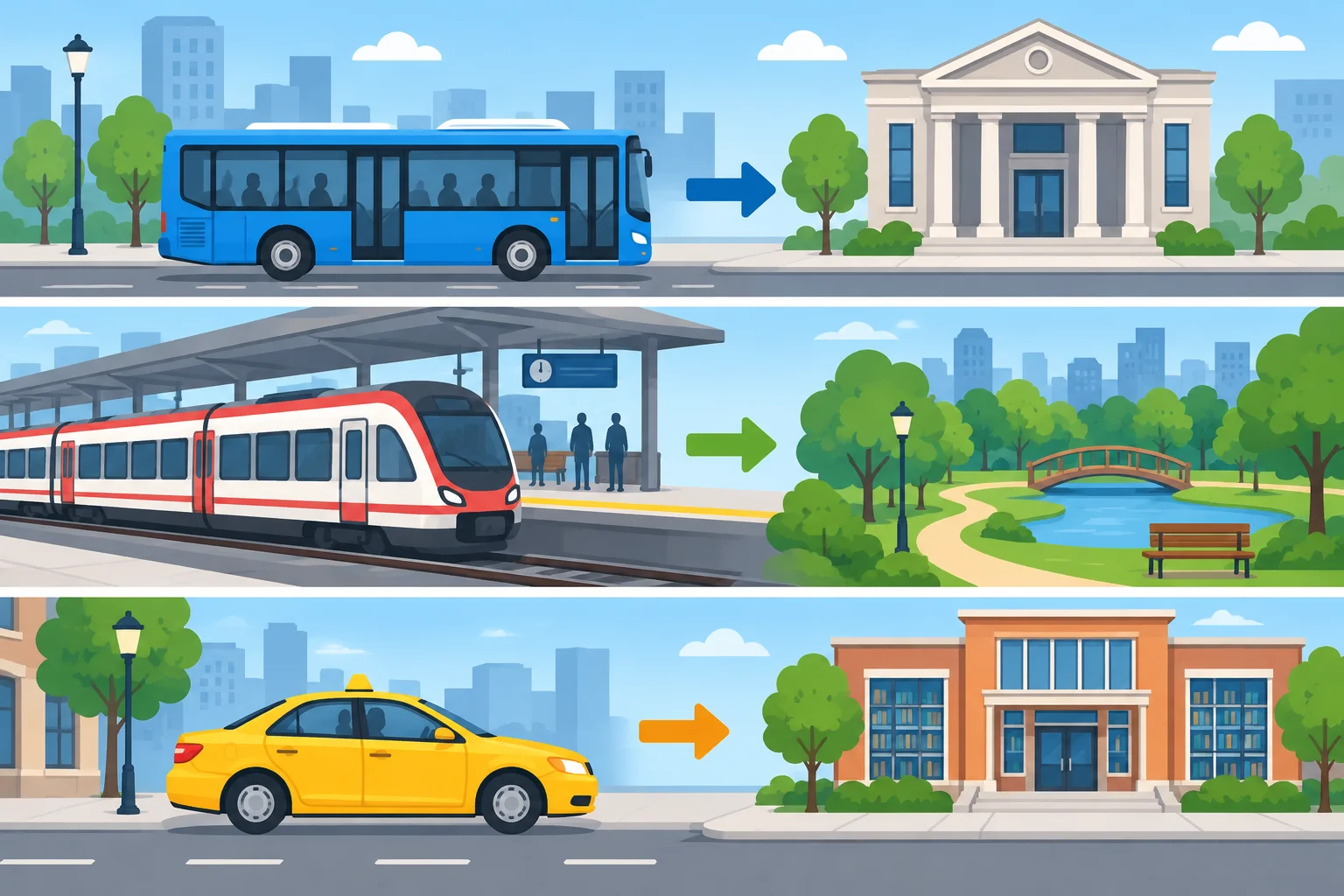 Três orientações visuais mostram ônibus, trem e táxi seguindo para destinos diferentes.