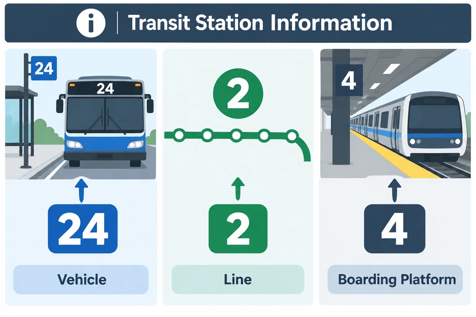 Diagrama com um ônibus 24, uma linha 2 e uma plataforma 4, cada um em uma área diferente.