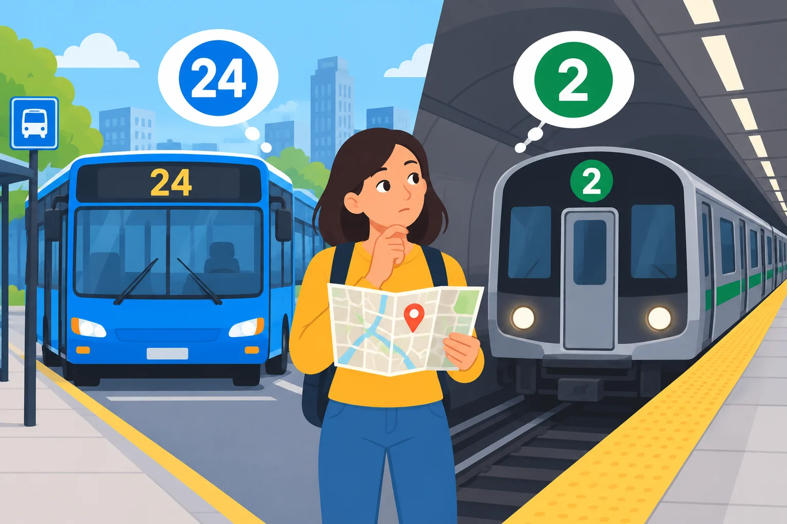 Uma pessoa escolhe entre um ônibus com o número 24 e um trem com o número 2.