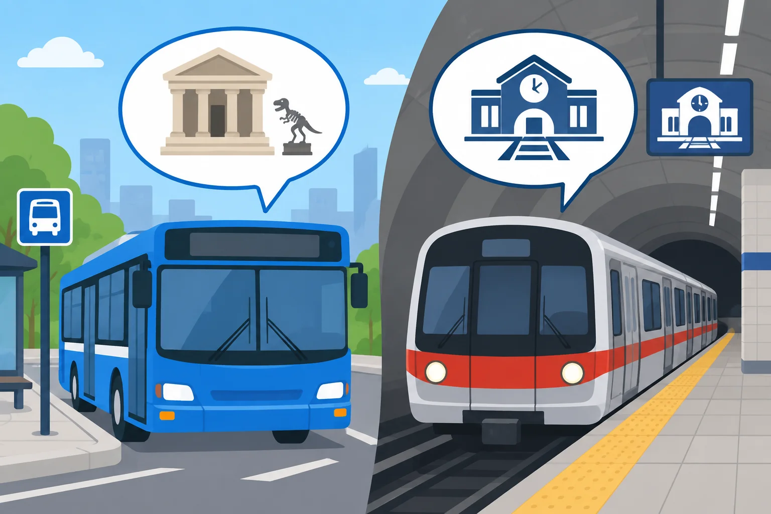 Comparação entre a pergunta para confirmar o destino de um ônibus e a pergunta para confirmar o destino de um trem.