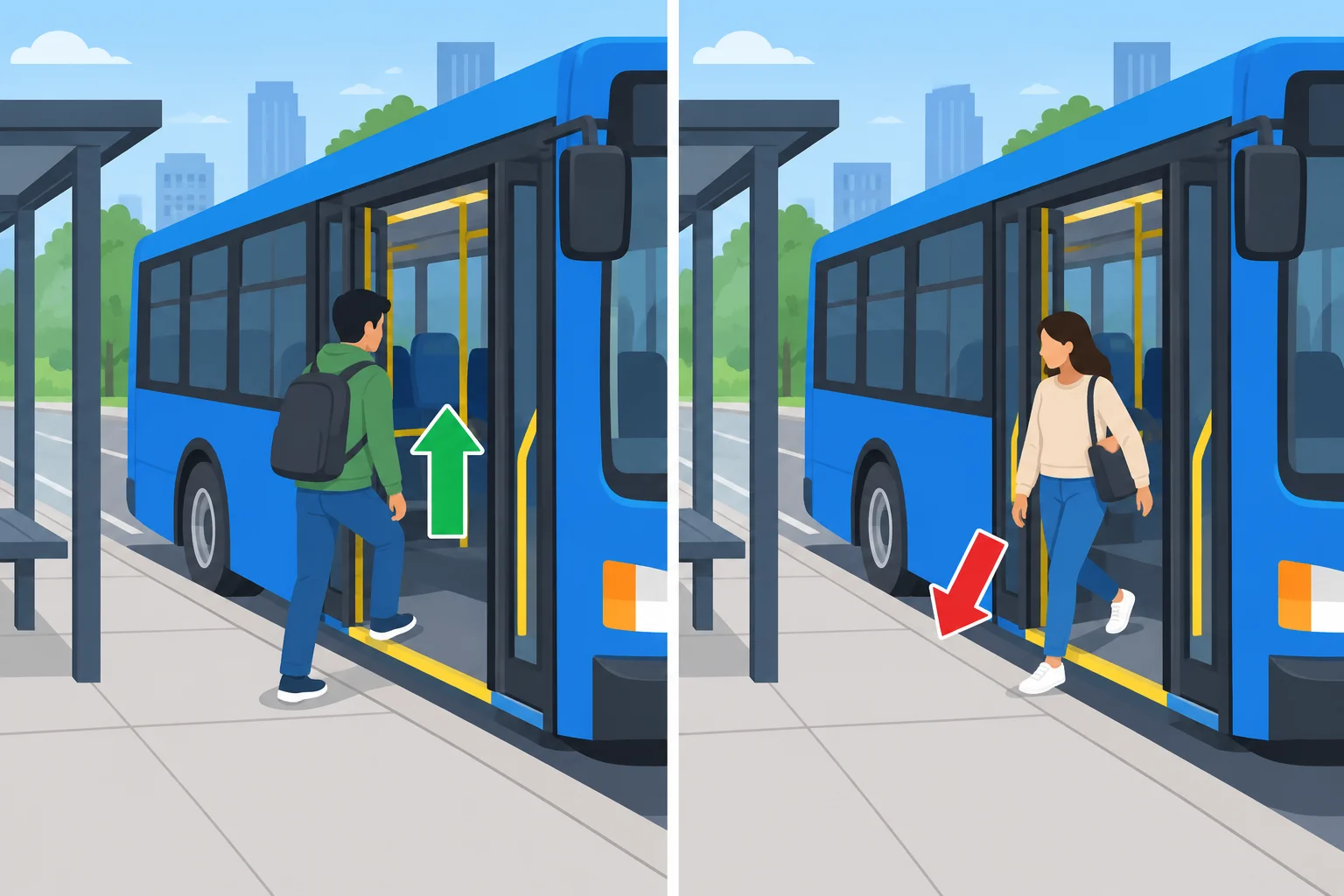 Comparação visual: à esquerda, uma pessoa embarca no ônibus; à direita, uma pessoa desembarca.