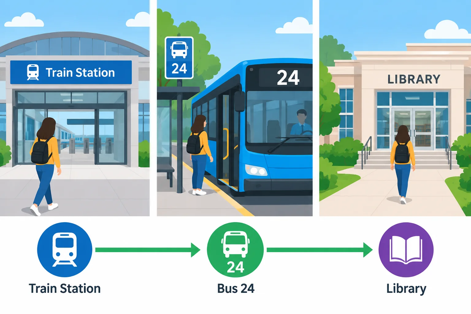 Diagrama de um percurso direto: estação, ônibus 24 e biblioteca.