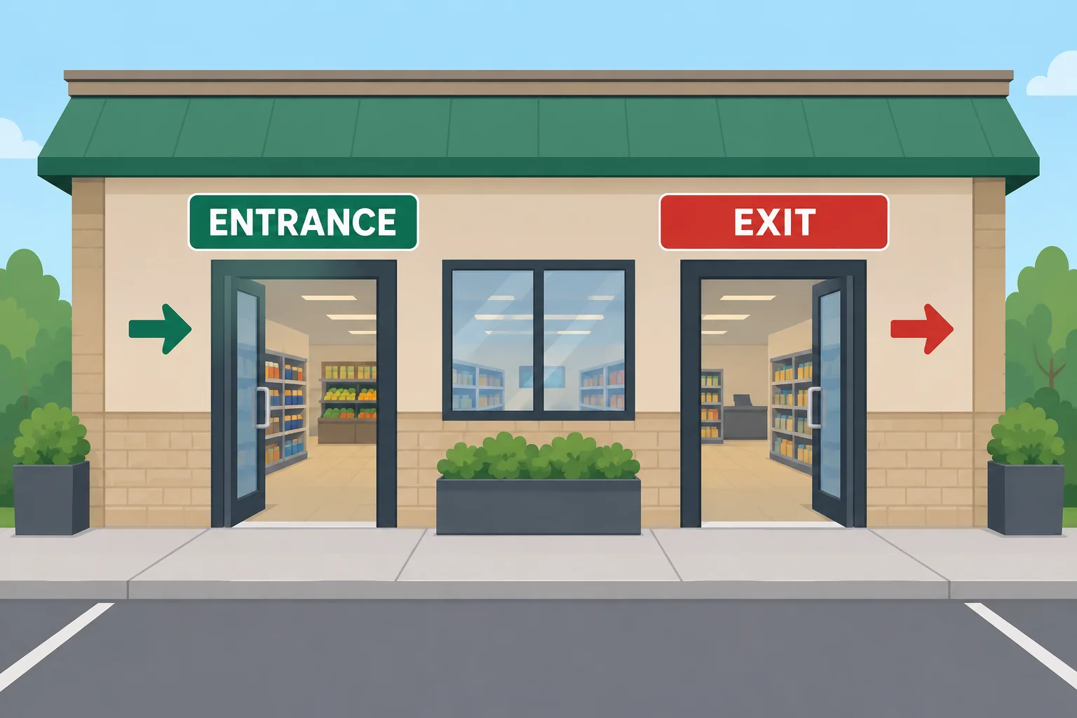 Fachada de uma loja com uma porta marcada ENTRANCE e outra marcada EXIT.