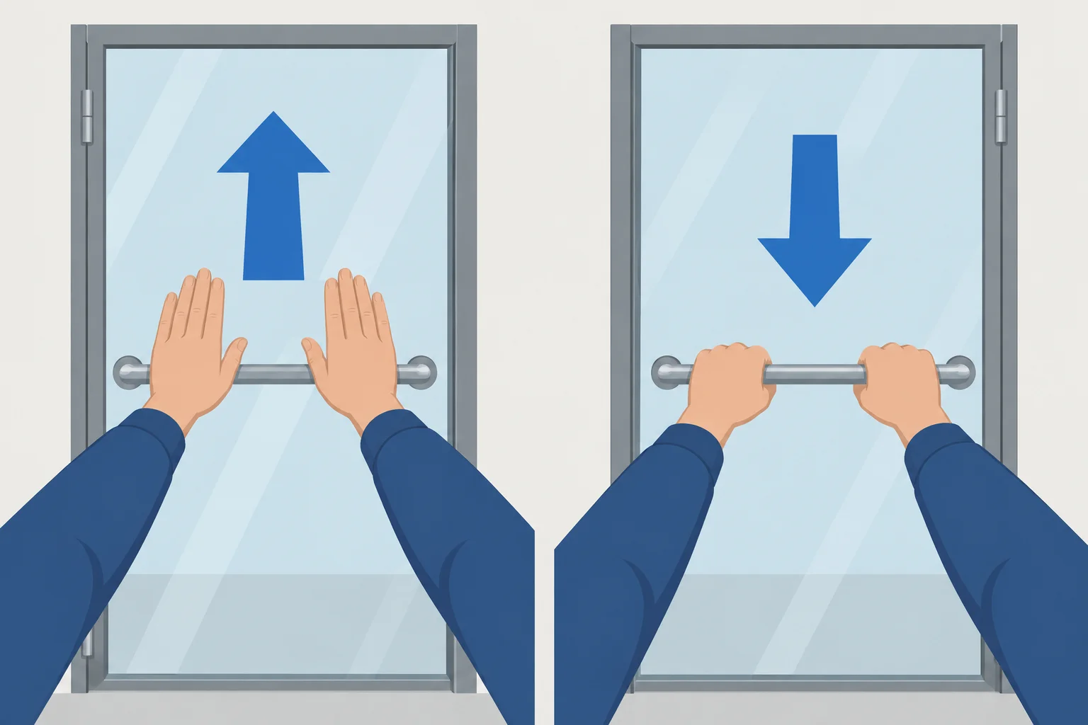 Comparação visual: à esquerda, a porta é empurrada para longe da pessoa; à direita, ela é puxada em direção à pessoa.