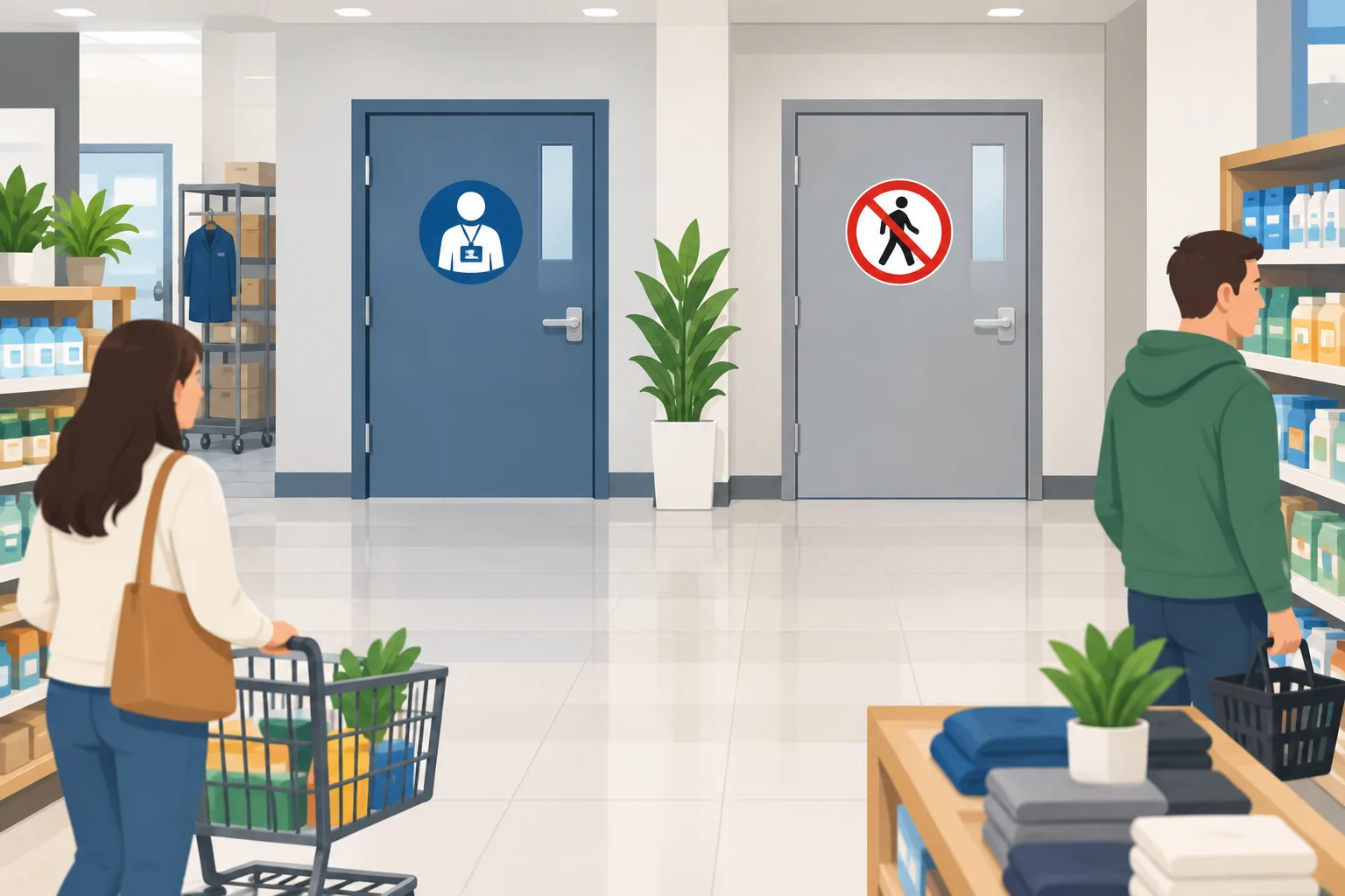 Ilustração de um estabelecimento com uma porta reservada à equipe e outra com entrada proibida, enquanto a área de atendimento permanece acessível.