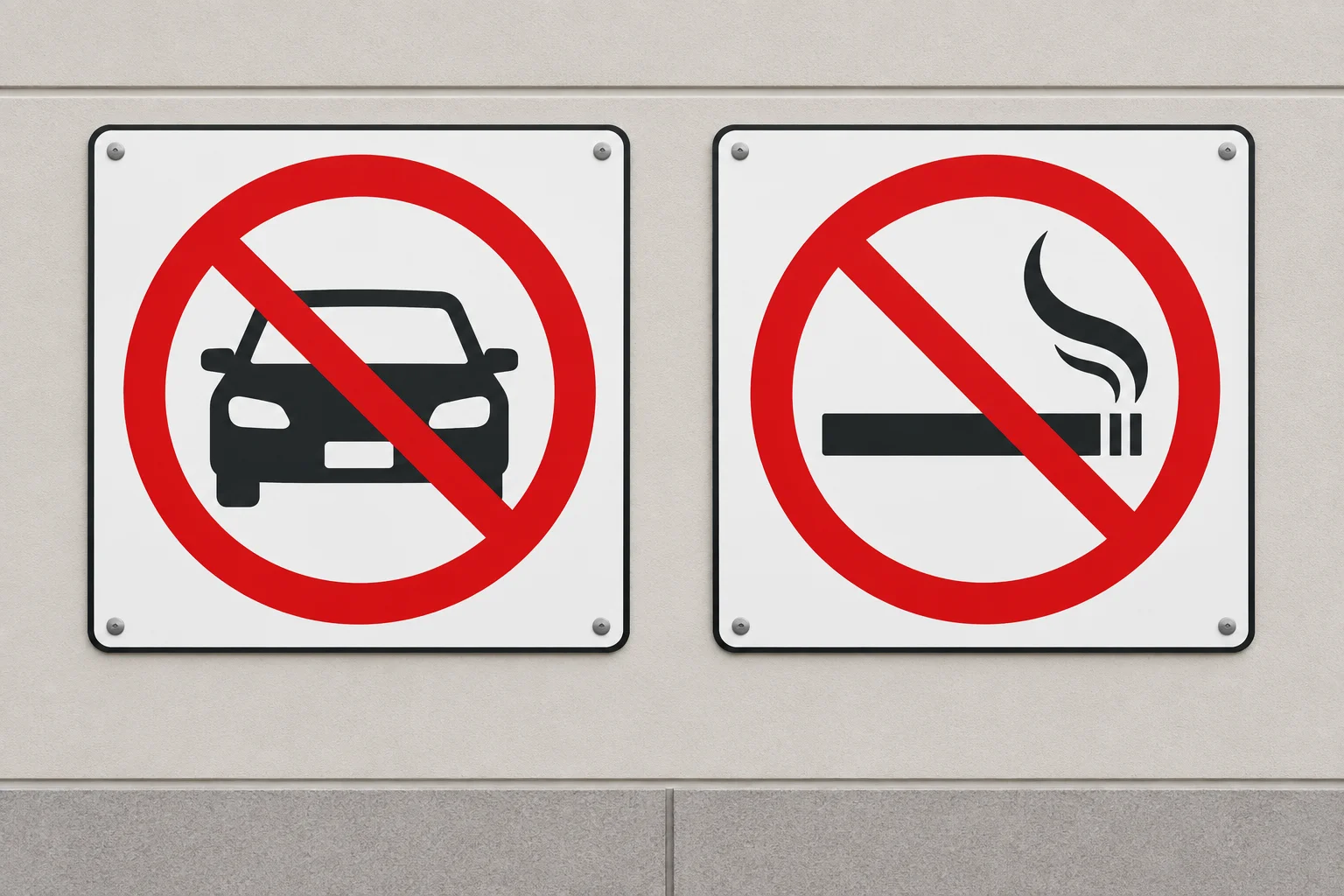 Dois símbolos de proibição: um carro estacionado riscado e um cigarro riscado.