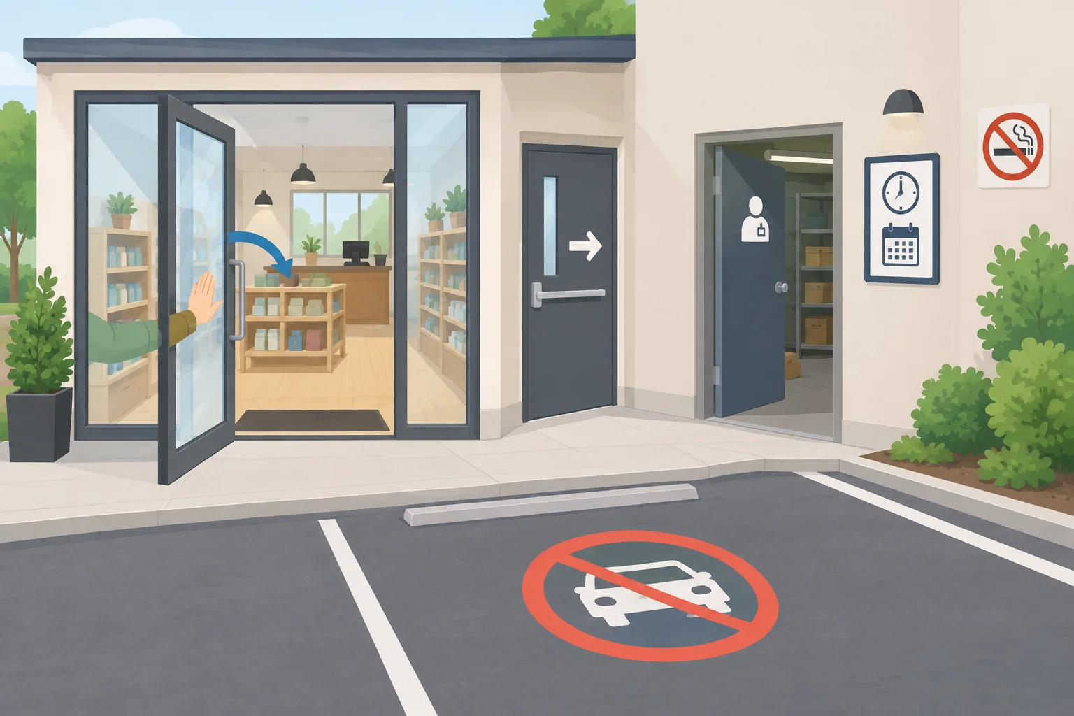 Ilustração de uma loja com porta de entrada, saída lateral, área restrita, estacionamento, aviso de não fumar e quadro de horários.