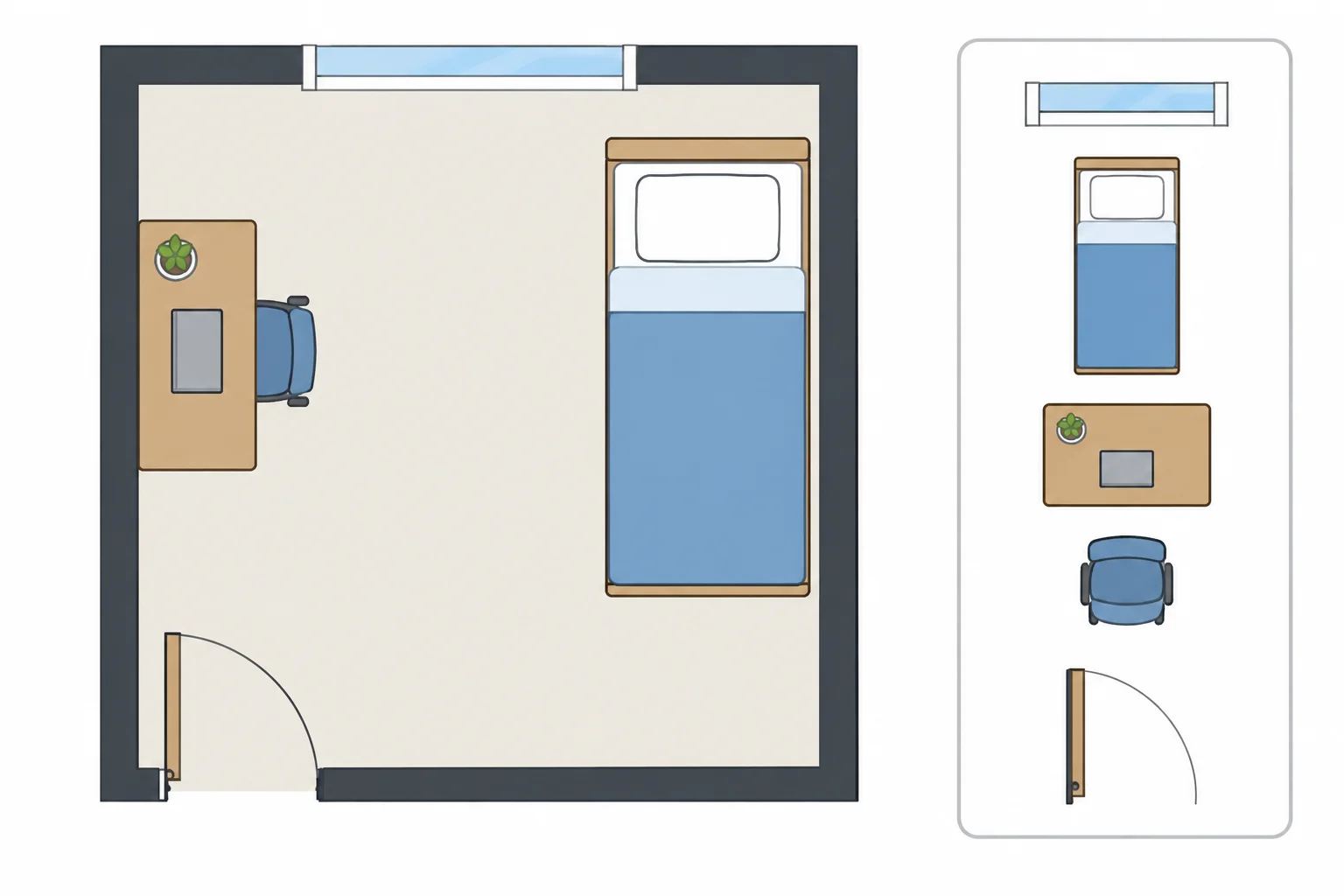 Planta vista de cima de um quarto com cama, escrivaninha, cadeira, porta e janela.