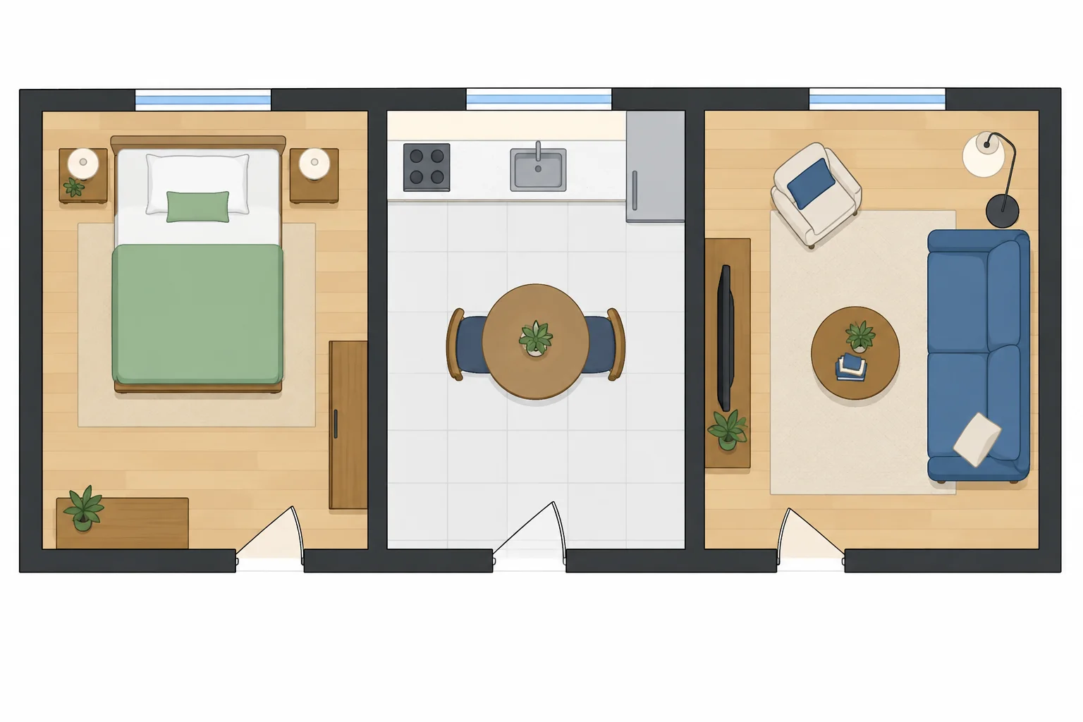 Planta vista de cima com quarto, cozinha e sala; há uma cama, uma mesa redonda com duas cadeiras, um sofá azul e uma luminária.