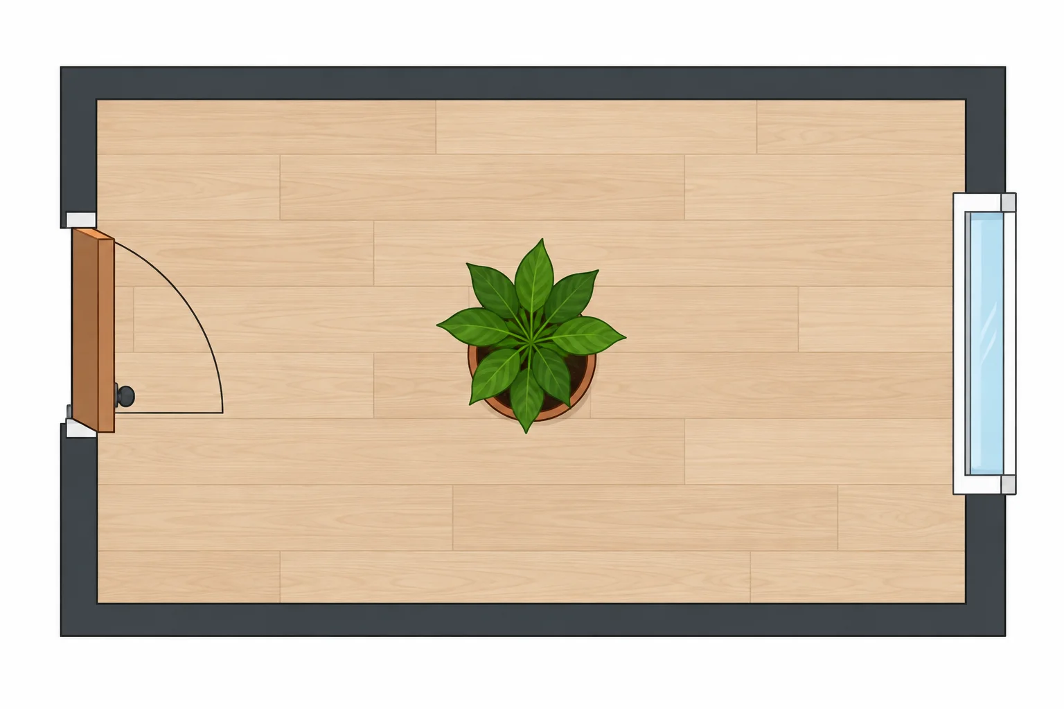 Planta vista de cima com uma porta à esquerda, uma janela à direita e uma planta decorativa entre as duas.
