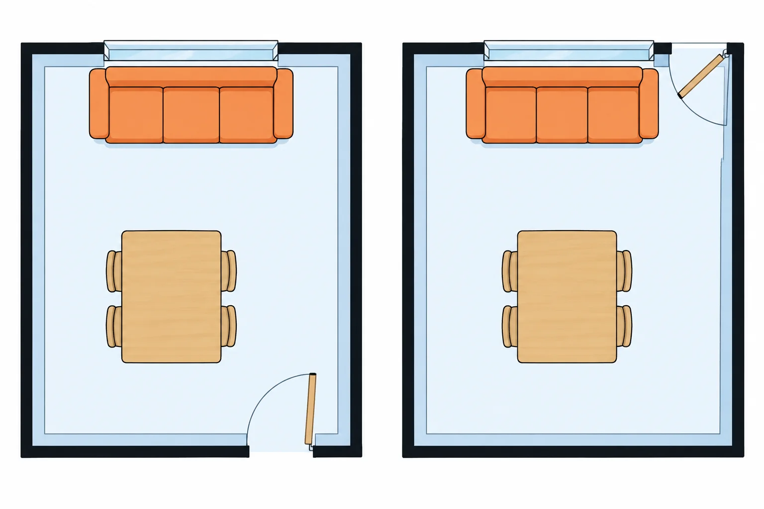 Duas plantas com sofá ao lado da janela e mesa; a posição da porta é diferente em cada uma.