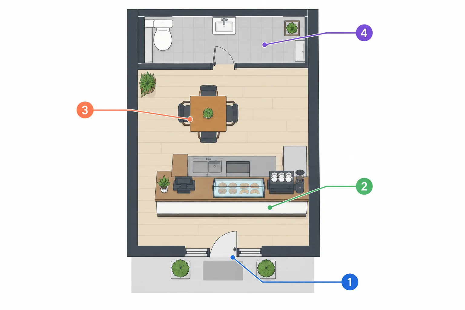 Planta vista de cima de um café pequeno, com entrada, balcão, mesa e banheiro em posições distintas.