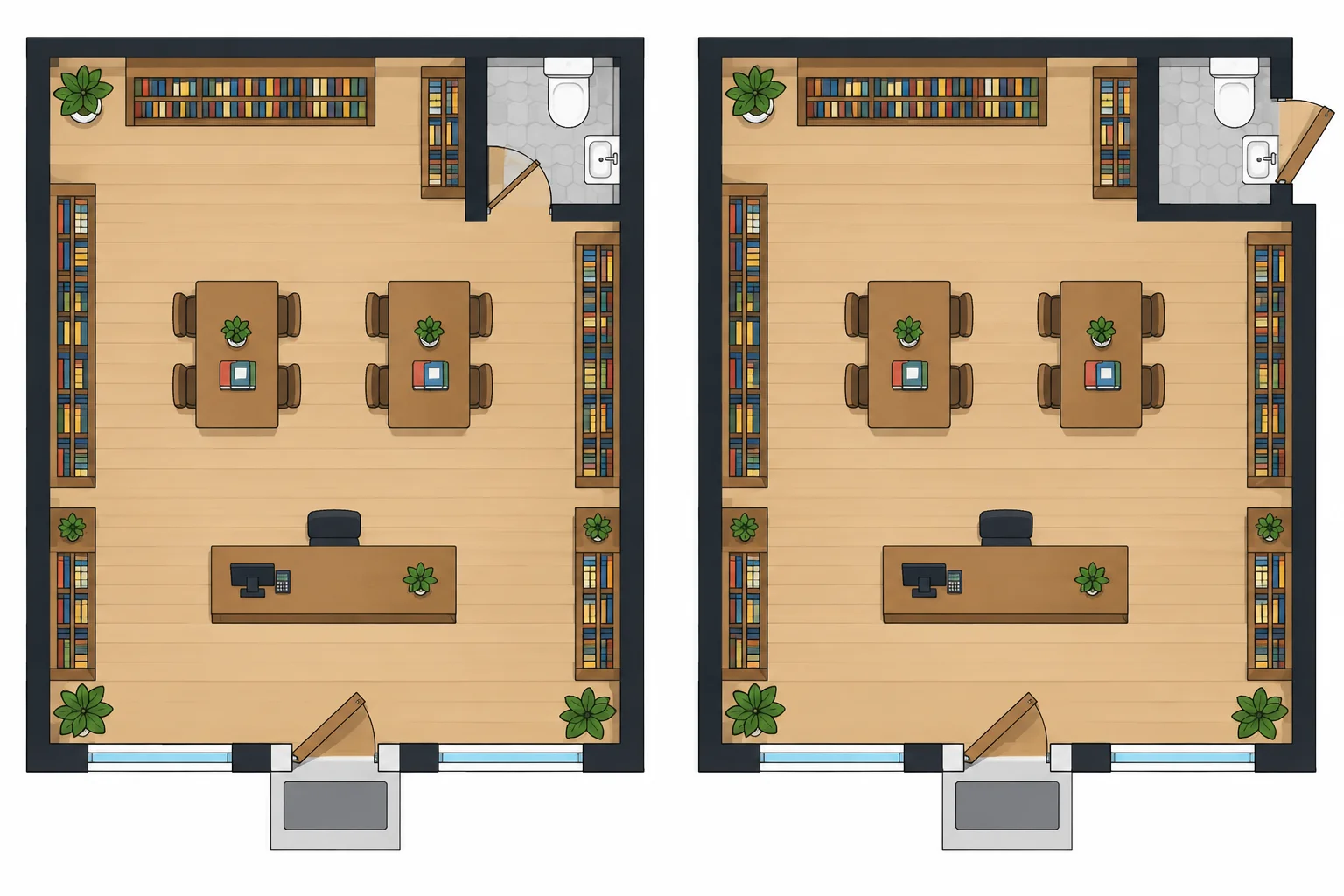 Duas plantas semelhantes de uma livraria; a diferença é a direção de acesso à porta do banheiro.