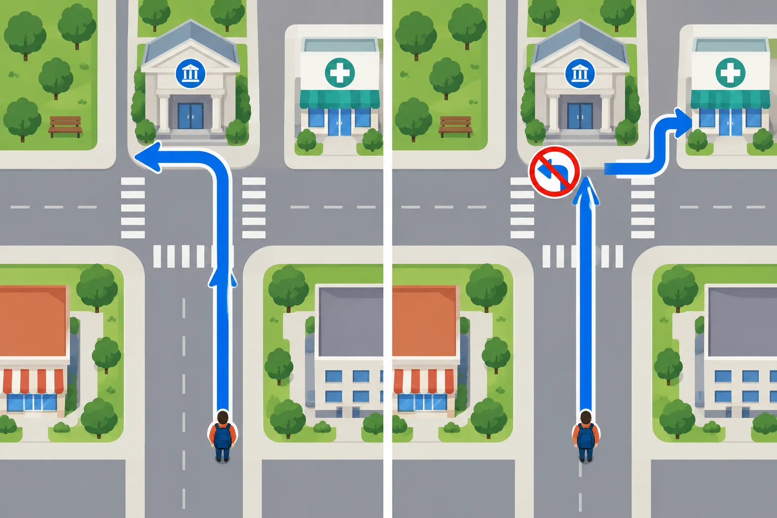 Comparação visual entre virar à esquerda no banco e não virar à esquerda, seguindo em frente e virando à direita depois.