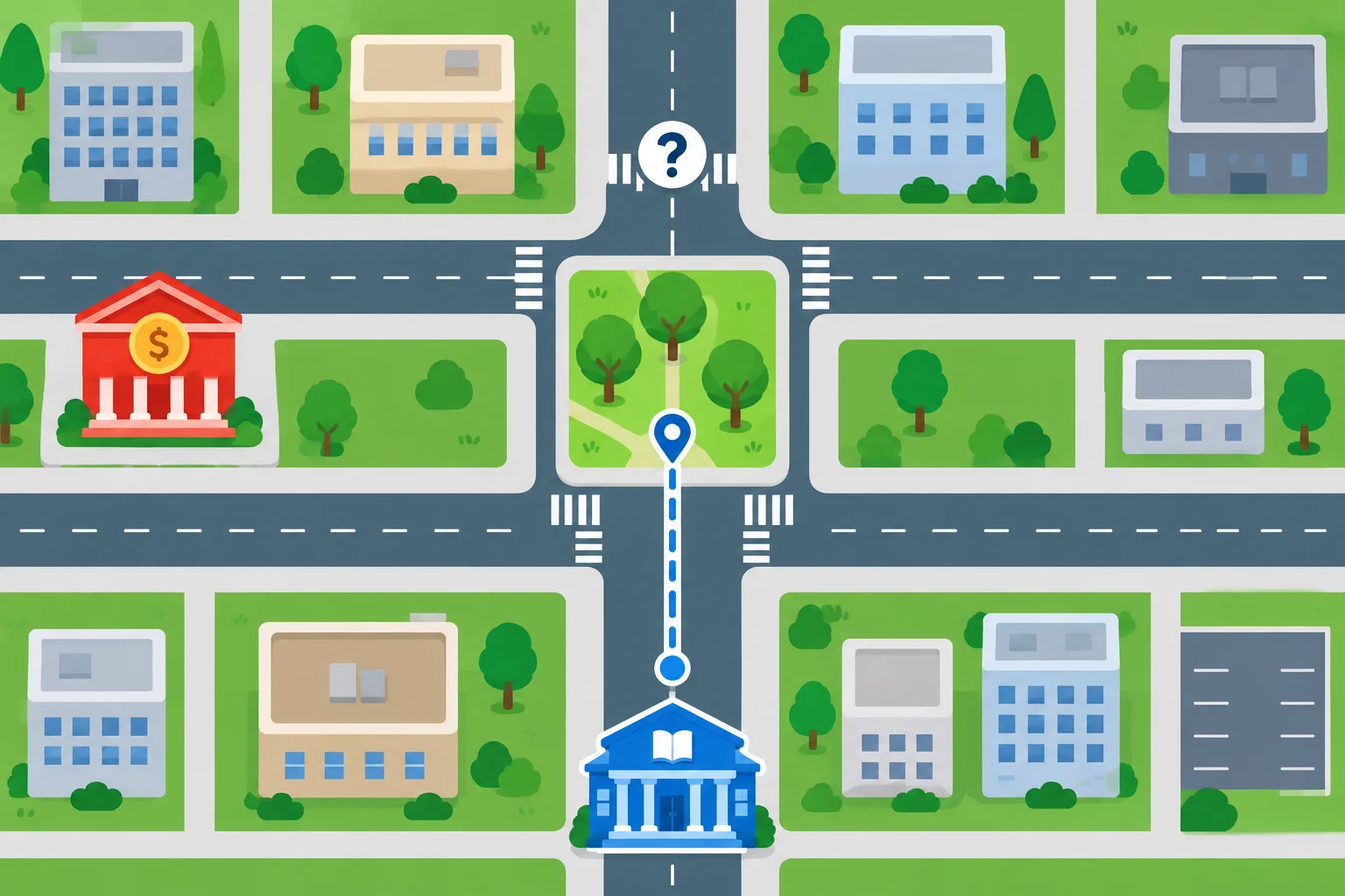Mapa visto de cima: o marcador saiu da biblioteca azul, seguiu em linha reta e chegou ao parque verde. A próxima decisão, na esquina ao lado do parque, está marcada como incerta.