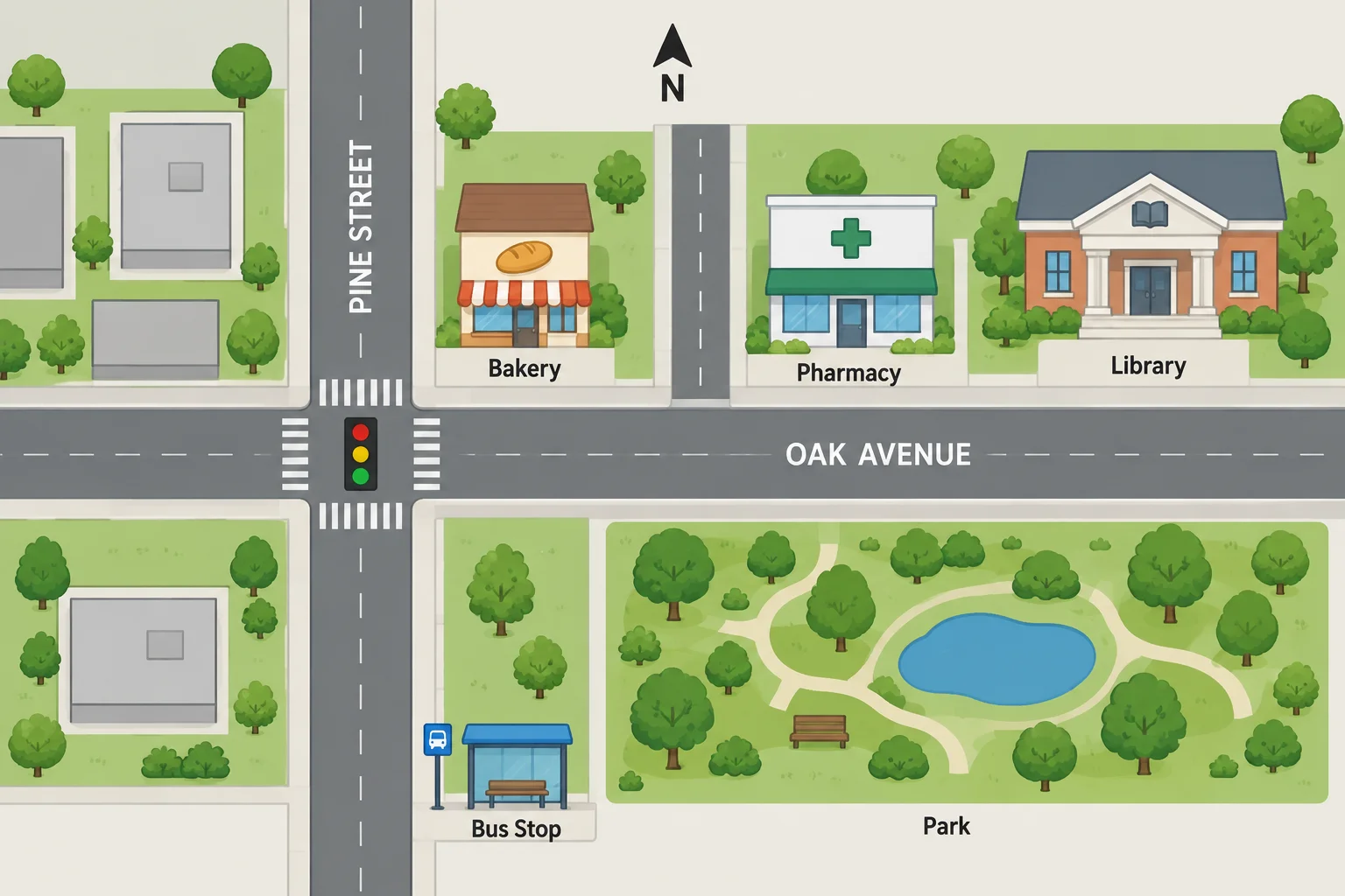 Mapa visto de cima: o ponto de ônibus fica ao sul da Pine Street; a Pine encontra a Oak Avenue nos semáforos. Há uma padaria antes dos semáforos e, seguindo para leste na Oak Avenue, aparecem farmácia, biblioteca e parque.